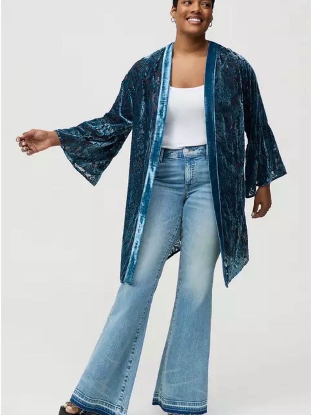 Torrid Velvet Burnout Kimono Teal Blue Ruffle Sleeve Duster SOLD OUT ONLINE